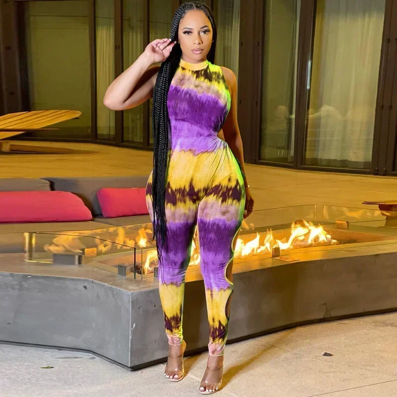 

GUWU Elegant Tie Dye Print Women High Waist Bodycon Elastic Cut Out Side Pencil Jumpsuit for Summer Sexy Playsuit
