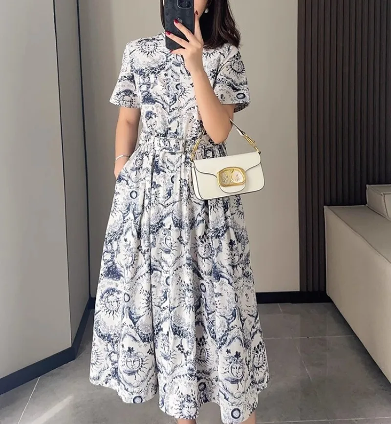 

Vintage Blue Floral Printed Dress Women with Sashes Single-breasted Elegant Clothing Lady Streetwear Chic Vestidos Bodycon