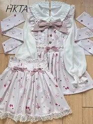 2025 Spring Japanese Mine-tied Bow Strawberry Print Doll Collar Long-sleeve Chiffon Shirt Dress Shorts 2 Piece Set Womens Outfit
