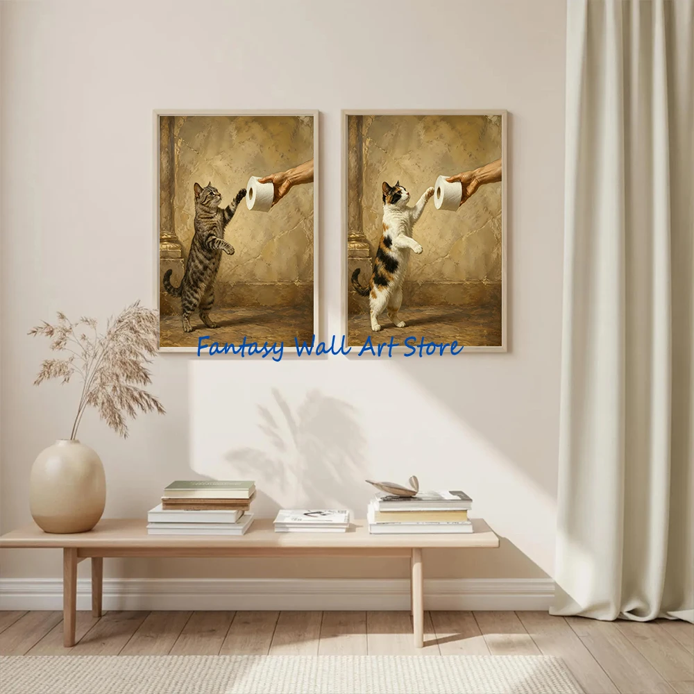Vintage Cats Dogs Toilet Paper Funny Artwork Poster Siamese Ragdoll Cat Border Collie Shiba Inu Bathroom Decor Canvas Printing