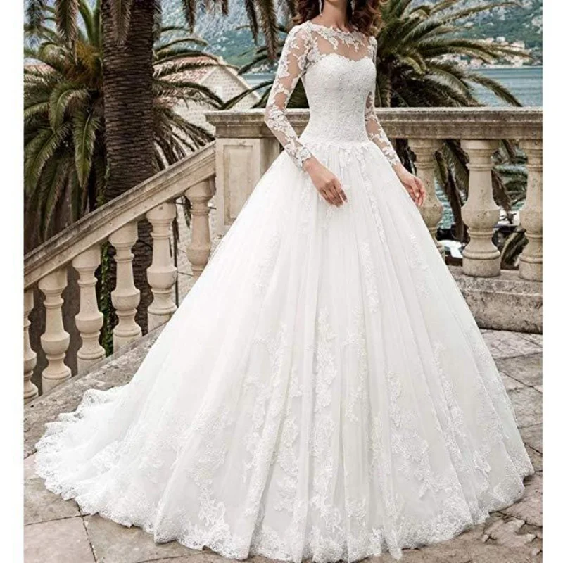 A line Wedding Dress Long Sleeves Scoop Lace Ball Gown  Bridal Gowns