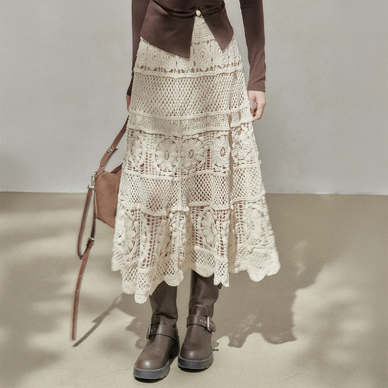 Faldas midi de ganchillo para mujer, falda larga de encaje guipur calado, vestido de verano, estilo francés chic retro bohemio hippie para festivales