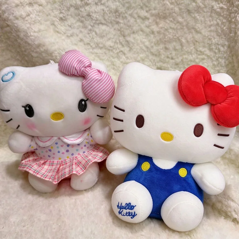 Pink Bow Hello Kitty Plush Doll Cute KT Cat Stuffed Toy with Heart Pattern Blouse & Gingham Skirt Kids Birthday Xmas Present