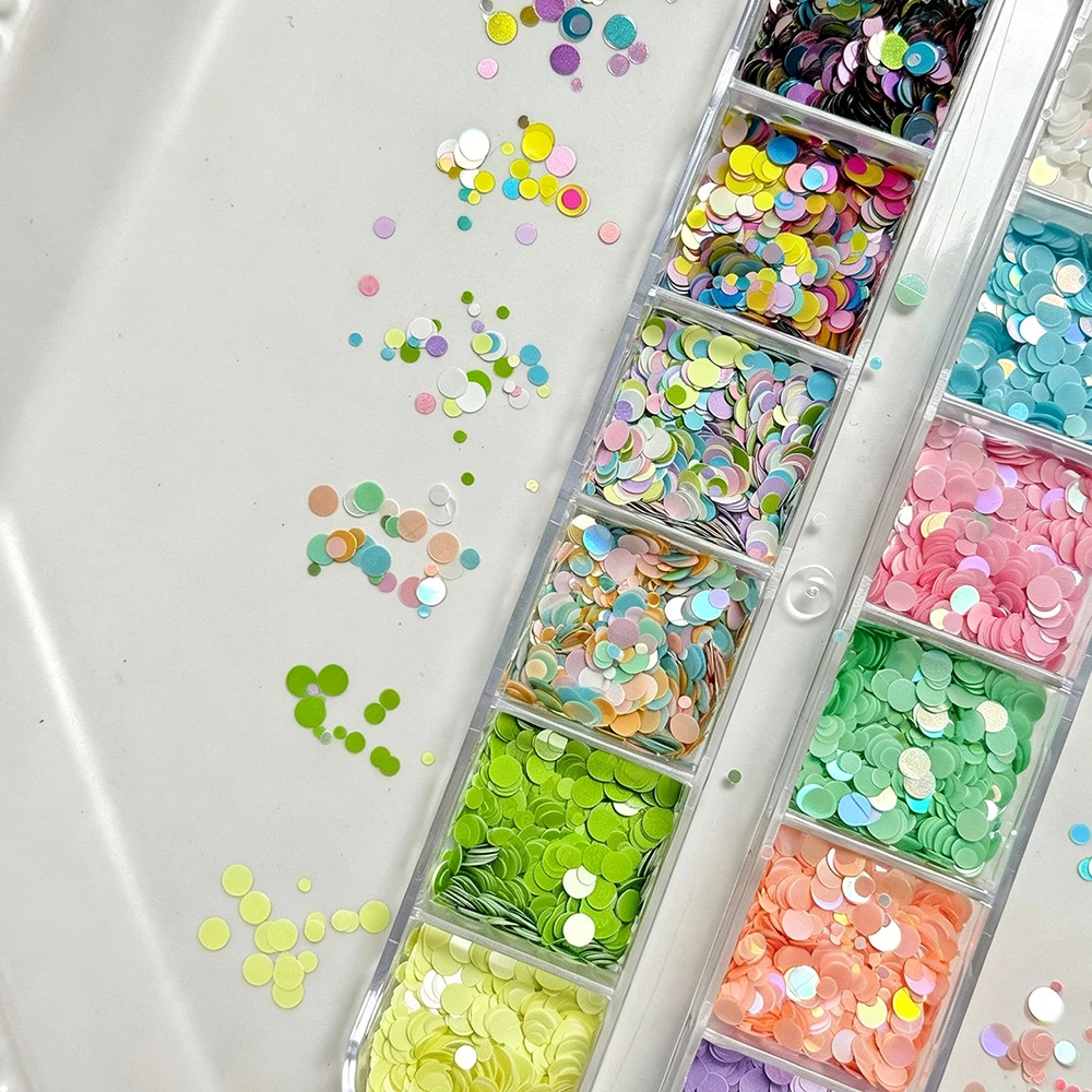 12Girds/Box Laser Multicolor Round Dot Nail Art Sequins  Mixed Size Round Nail Flakes DIY Colorful Dot Flower Manicure Sequins
