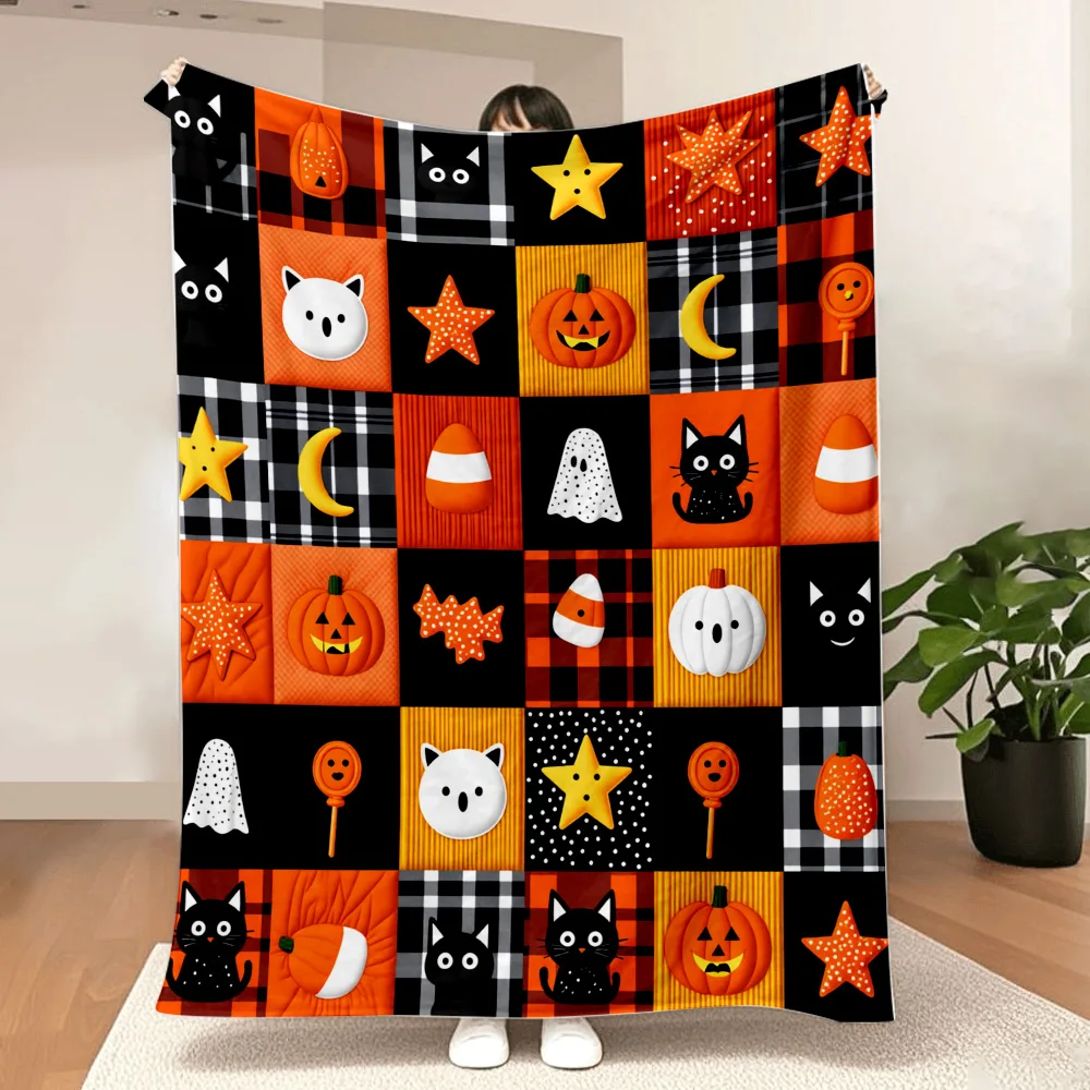 1PC Halloween Cat Theme Print Blanket — Made of soft plush flannel, it's perfect for beds, sofas, or parties. It is a great choi
