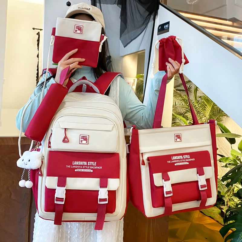 5-piece Set of Free Pendants Forest Style Korean Version Casual Harajuku Student Backpack for High School Girls Large Capacity