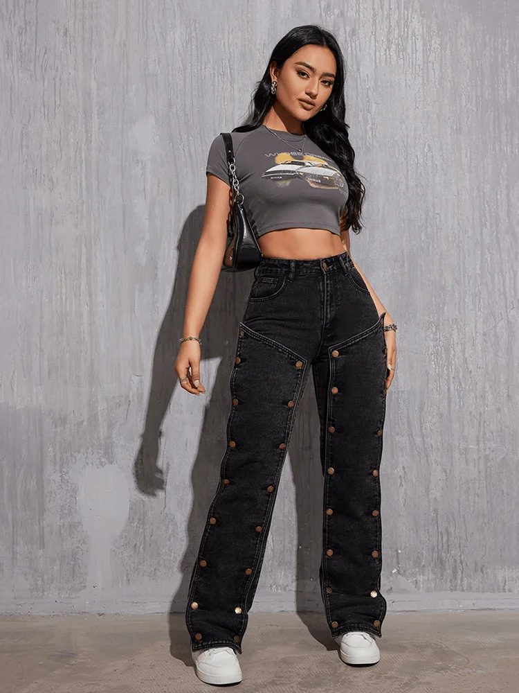 ReddaChic Irregular Buttoned Up Straight Jeans Women Vintage Wash Black Low Waist Cargo Pants Hiphop Trousers E-girl Streetwear