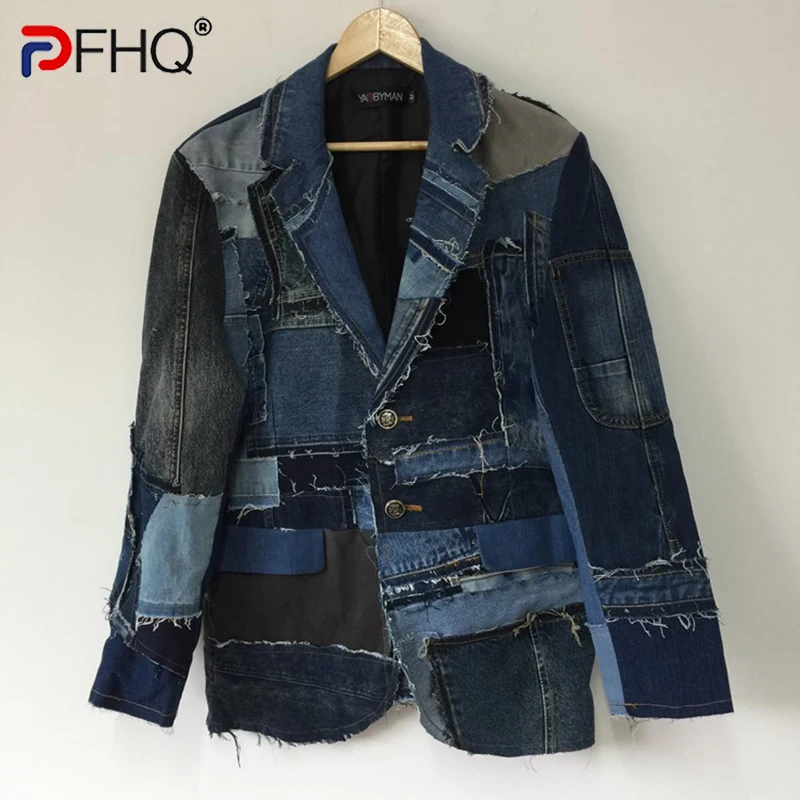 

PFHQ Autumn Men's Splicing Deconstructed Heavy Industry Suit Denim Jackets Tide Streetwear Motorcycle Creativity Coat 21Z1428