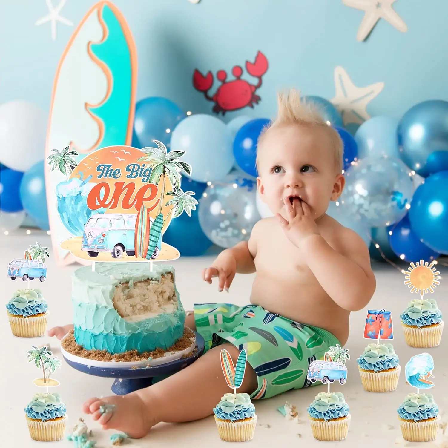 25Pcs The Big One Surf Cake Toppers for 1st Birthday Summer Beach Birthday Decor for Boy Girl’s First Birthday Party Supplies