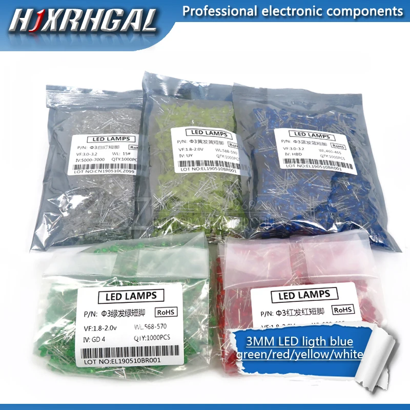 1000pcs 3mm led light white blue yellow green red orange clight-emitting diodes  new and original hjxrhgal