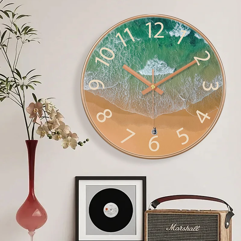 25 cm Küsten-Strand-Wanduhr, geräuschlose Quarzuhr mit Roségold-Rahmen, Ozeanwellen-Dekor für Wohnzimmer & Badezimmer