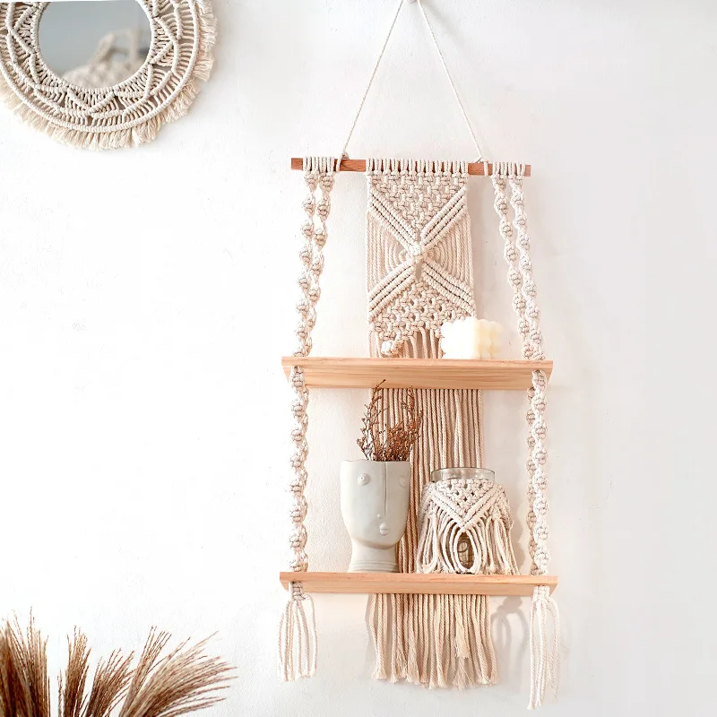

Boho Macrame Wall Hanging Shelf with Double Wooden Planks Handmade Woven Cotton Rope Tapestry for Home Decor and Storage Holder