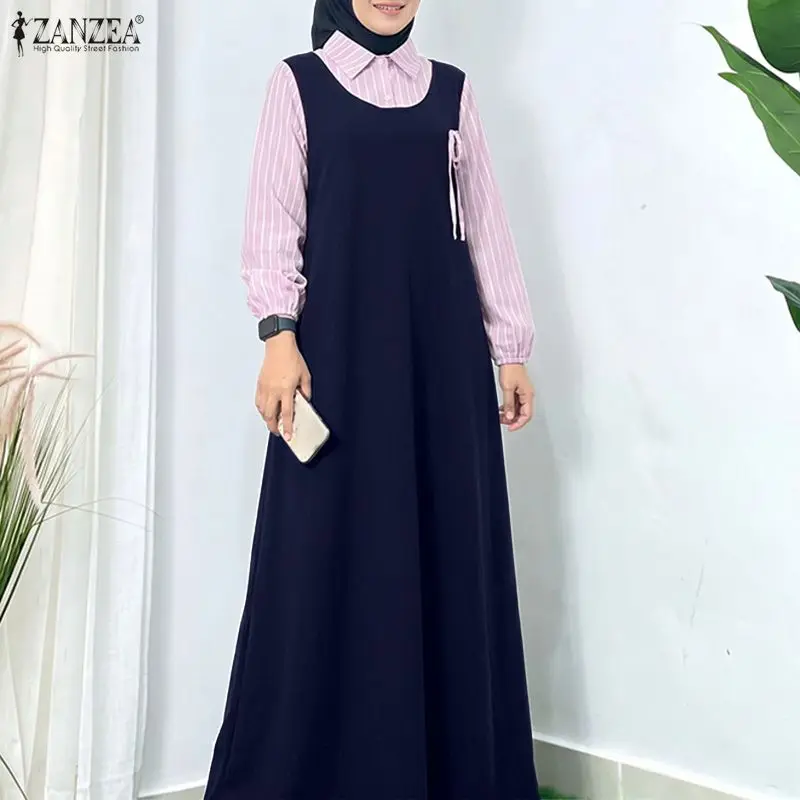 ZANZEA Damen Gestreiftes Patchwork Muslimisches Abaya-Kleid Ramadan-Robe Lässiges Langarm-Kaftan Dubai Maxikleid