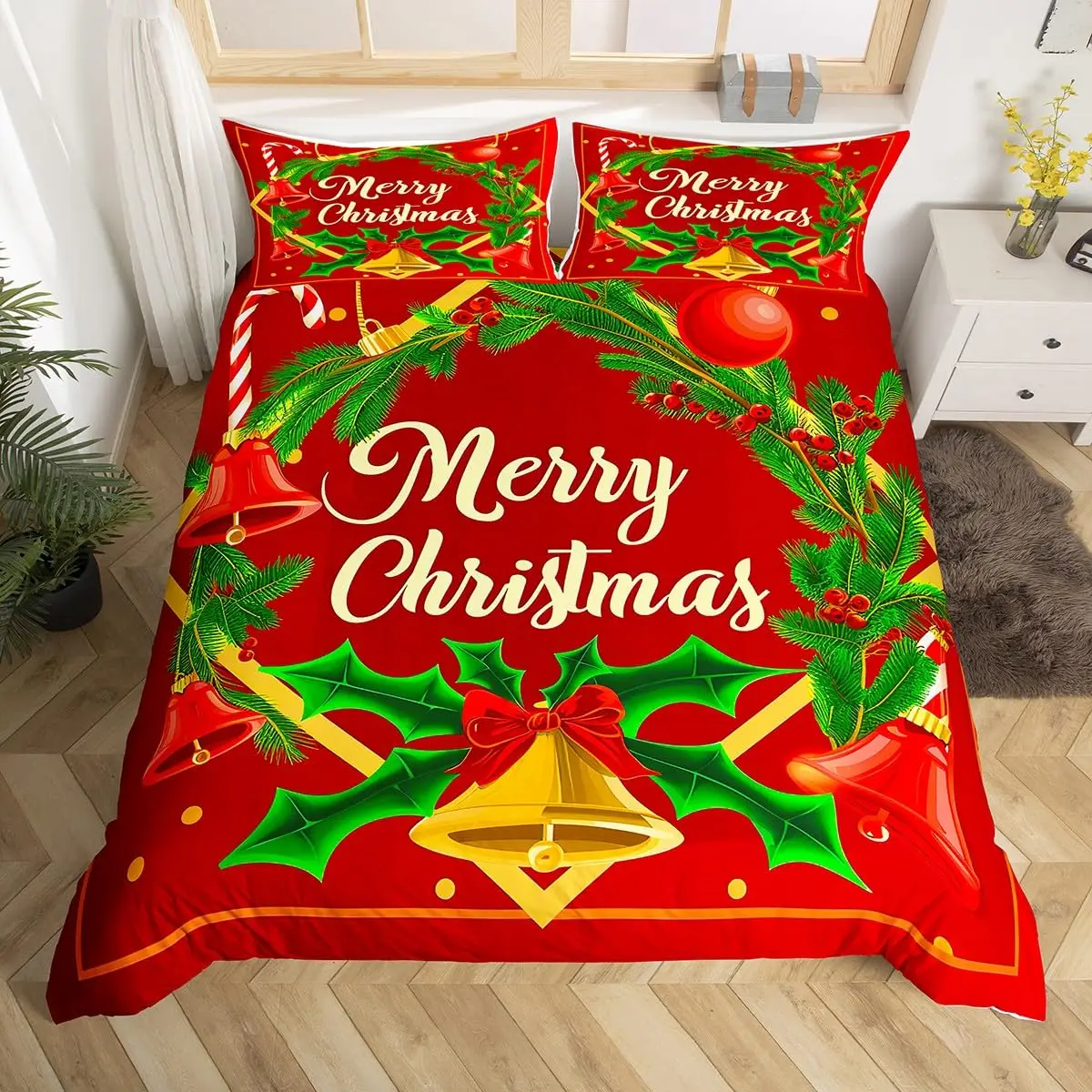 Christmas Bells Bedding Set Merry Christmas Comforter Cover Holiday Christmas Duvet Cover New Year Quilt Cover with 2 Pillowcase