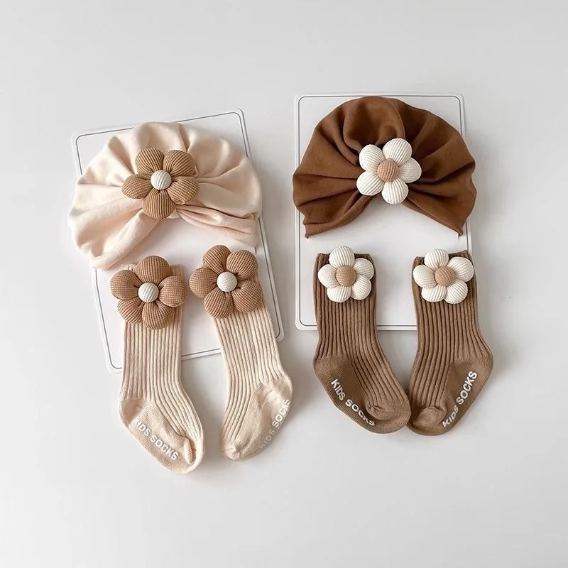 2PCS/Set Cute Flower Baby Turban Cap Socks 0-12 Months Newborn Elastic Indian Caps Soft Cotton Socks Kids Headscarf Hats