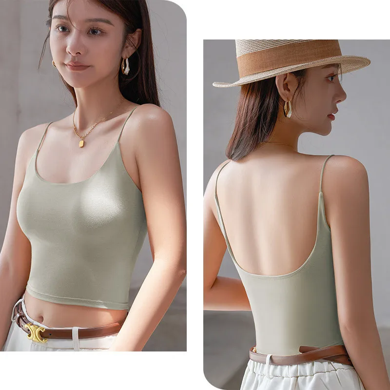 

Sexy U-shaped Backless Camisole Vest For Women Bra Pads Summer Thin One-piece Underwear Bottom Outer Wear Pajamas Top Female