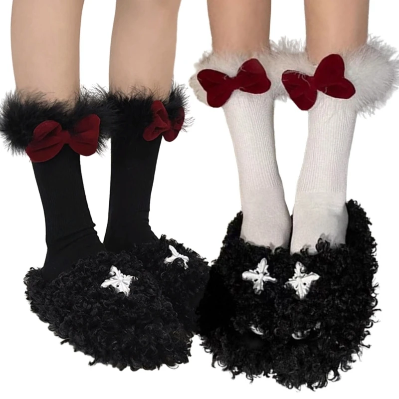 

Women Christmas Bowknot Over Calf Socks JK Girl Japanese Sweet Furry Trim Patchwork Ribbed Cotton Middle Tube Socks