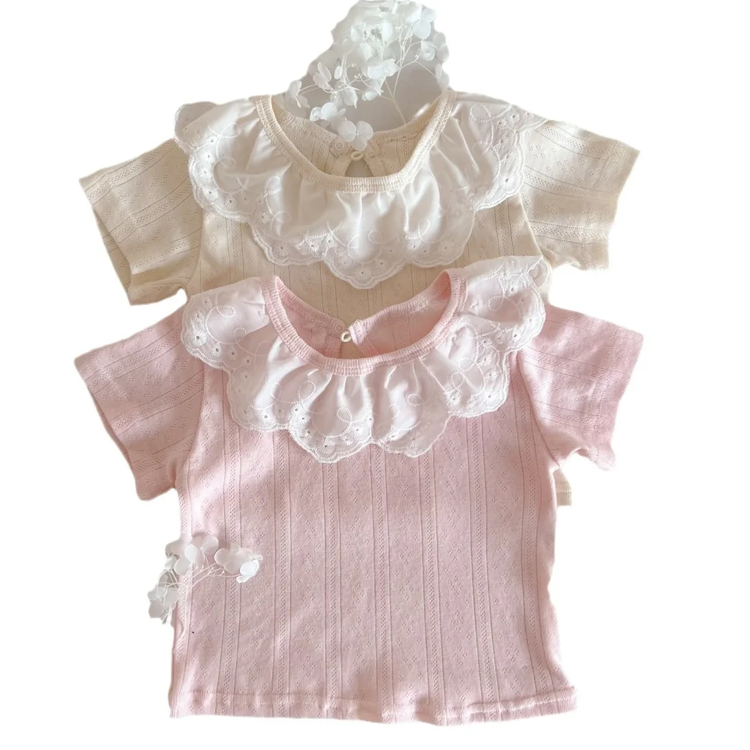 2024 Summer New Baby Short Sleeve T Shirts Cute Sweet Princess Tops Cotton Infant Girl Lace Lapel Tee Toddler Solid Thin T Shirt