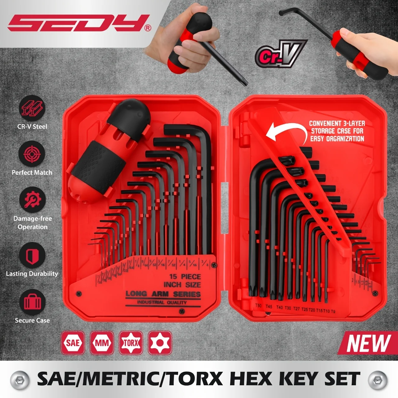 

SEDY 41PC Hex Key Allen Wrench Set L-Shaped SAE & Metric Torx Key Wrenches with Torque Handle 0.028" to 3/8" 0.7mm to 10mm
