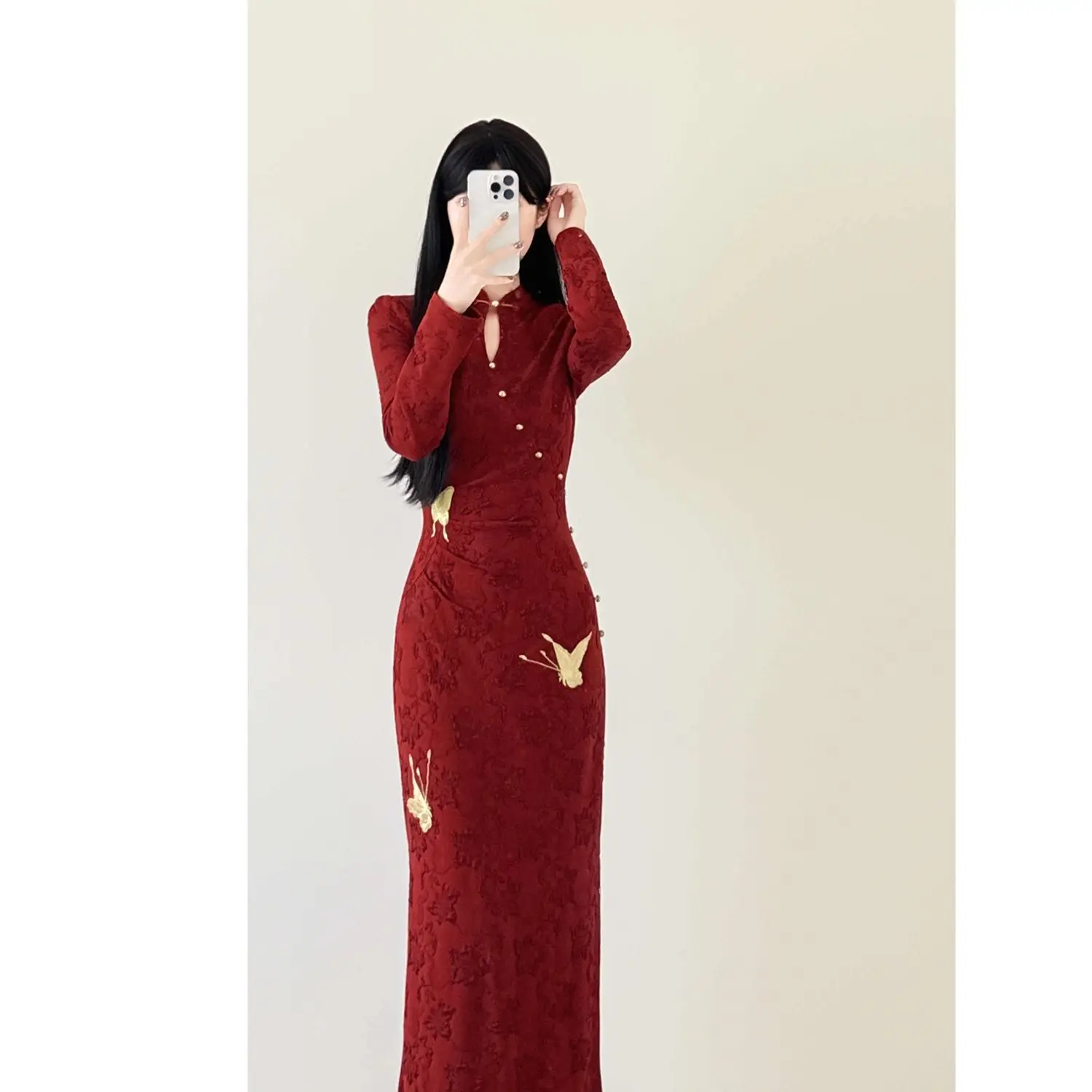 

New Chinese Style Women red butterfly Cheongsam Fairy New year Retro Party Dress Floral Elegant Qipao autumn winter Lady Dress