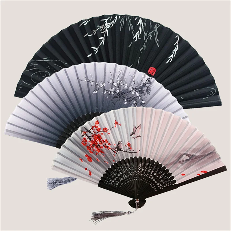 Chinese Silk Folding Fan Wooden Shank Classical Dance Fan Home Decoration