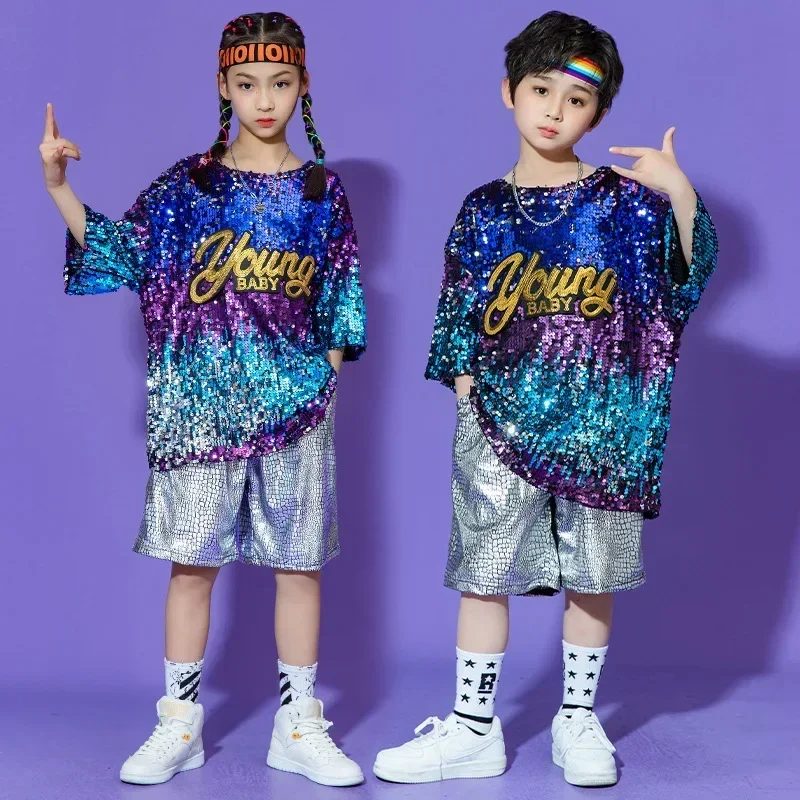 Boys Jazz Street Dance Suit Kids Hip Hop Suit Girls Band Costume Drum Set Sequins Performance Costume Dance Shirt Shorts Clothes