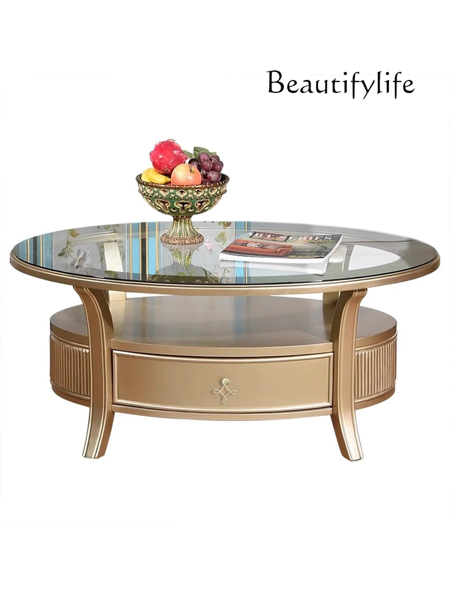 

American Light Luxury Coffee Table Solid Wood Post-Modern Simple Glass Decorative Living Room European Oval Table