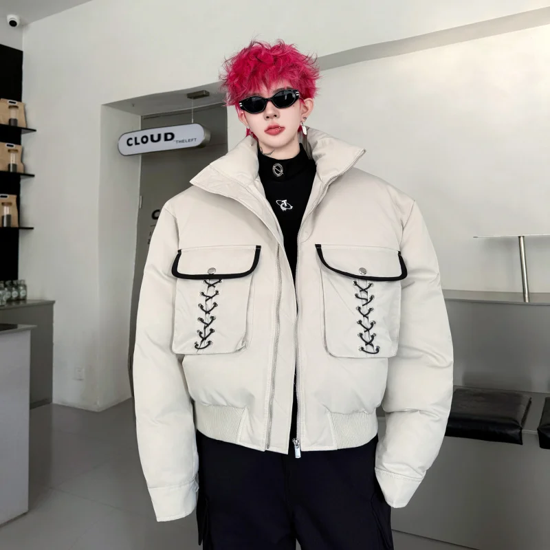 

Korean Faion Thiened Cotton Jaet Men's ket Belt Design ort Warm Bread Sle Coat Youth Casual Wear Winter Outerwear