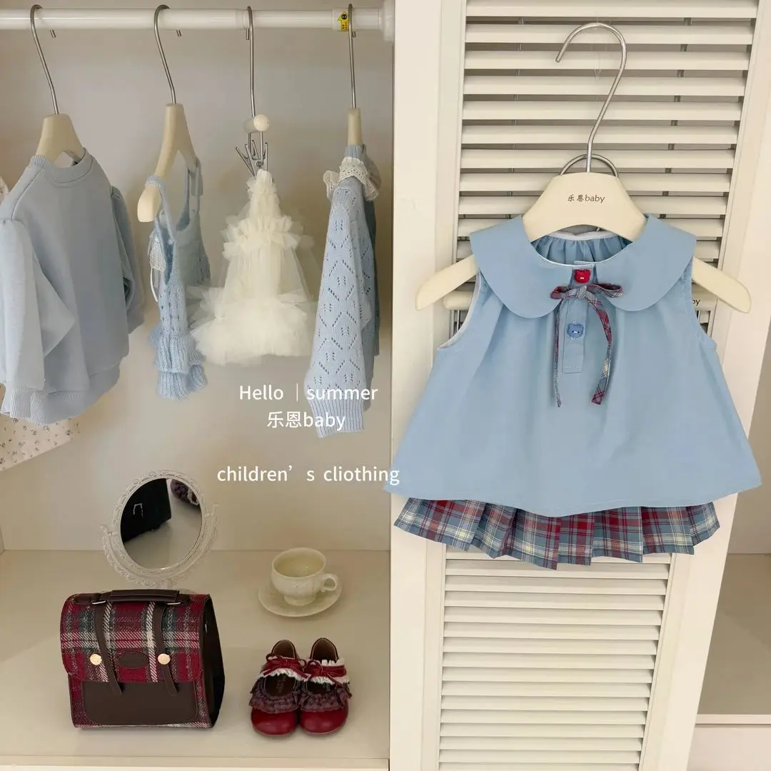 2026 Summer Girls New Two Piece Set Blue Tank Top Pleated Skirt Japanese Academy Style Peter Pan Neck Fashion Set