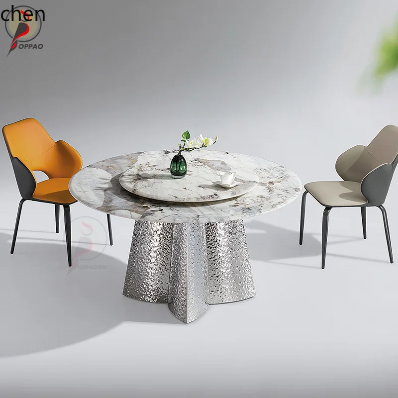 YFY Simple Steel Luxury Stone Round Table Long Table Dining Turntable Rock Plate Steel Wave Home Small Apartment Dining Table
