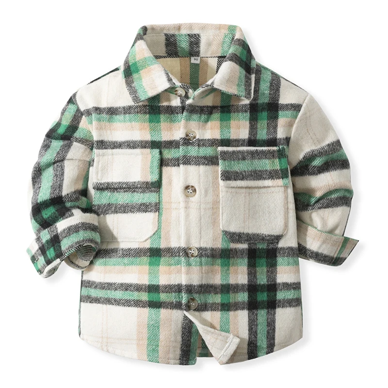 Spring Autumn Fashion Baby Boy Long Sleeve Cotton Plaid Shirt Lapel Collar Button Design Casual Classic Kids Thick Warm Blouses