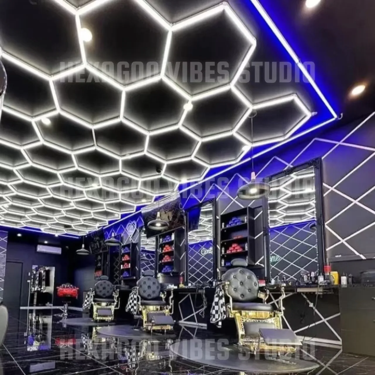 

Pro Salon Barbershop LED Ceiling Light with Blue Border Hexagon Garage Lights 110V-240V Honeycomb LED Tube Lighting For Gym