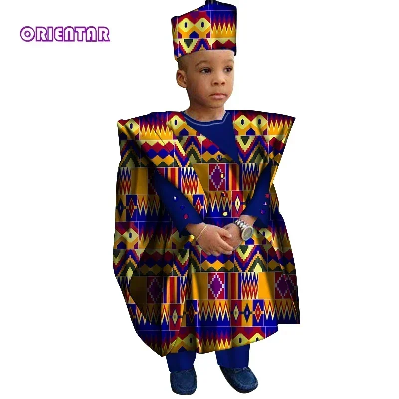 African Clothes with Hat Boy Tops and Pants African Print Clothes for Boys Bazin Riche Dashiki Gown Set WYT200