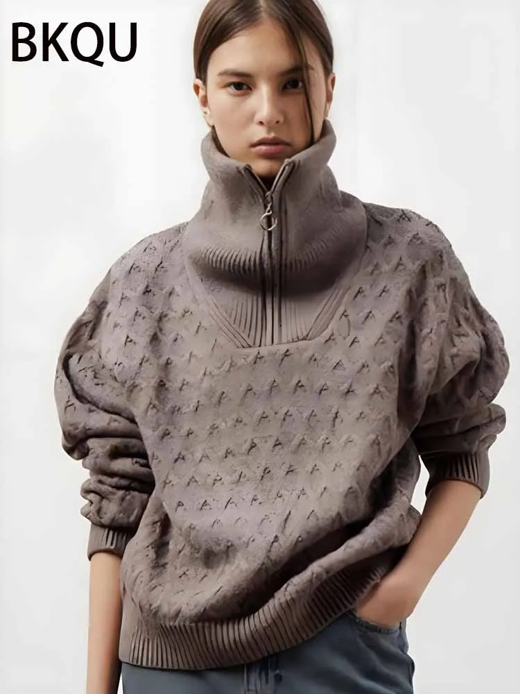 

BKQU женский свитер с воротником на молнии, свободный утолщенный шерстяной вязаный пуловер, осень-зима 202, повседневный ленивый повседневный трикотаж
