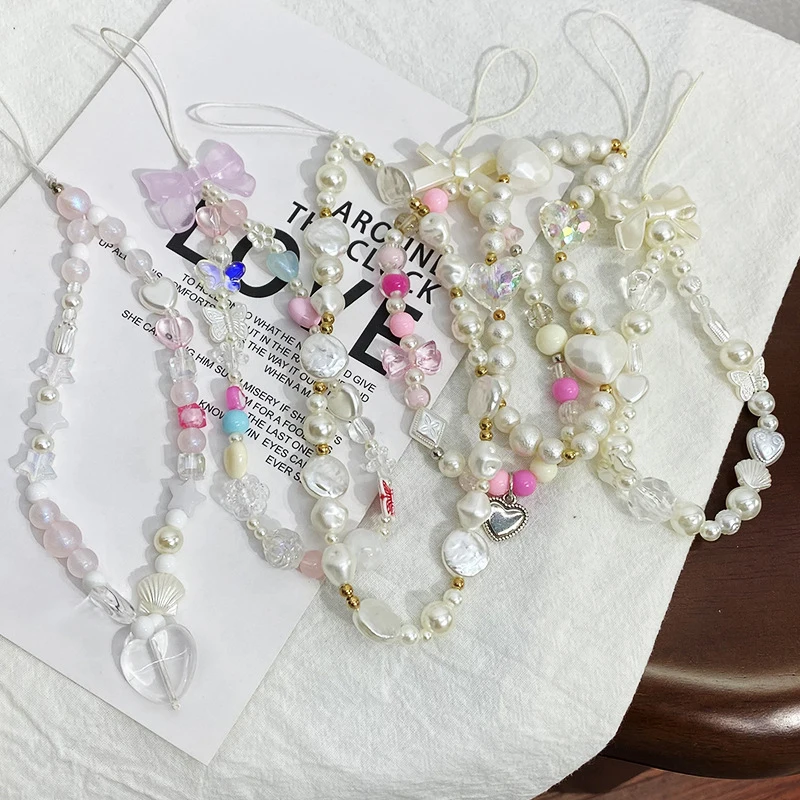 1PC Telephone Jewelry Strap Beaded Lanyard Korea Cute Geometric Pearl Love Bowknot Phone Chains For Women Girl DIY Accessories