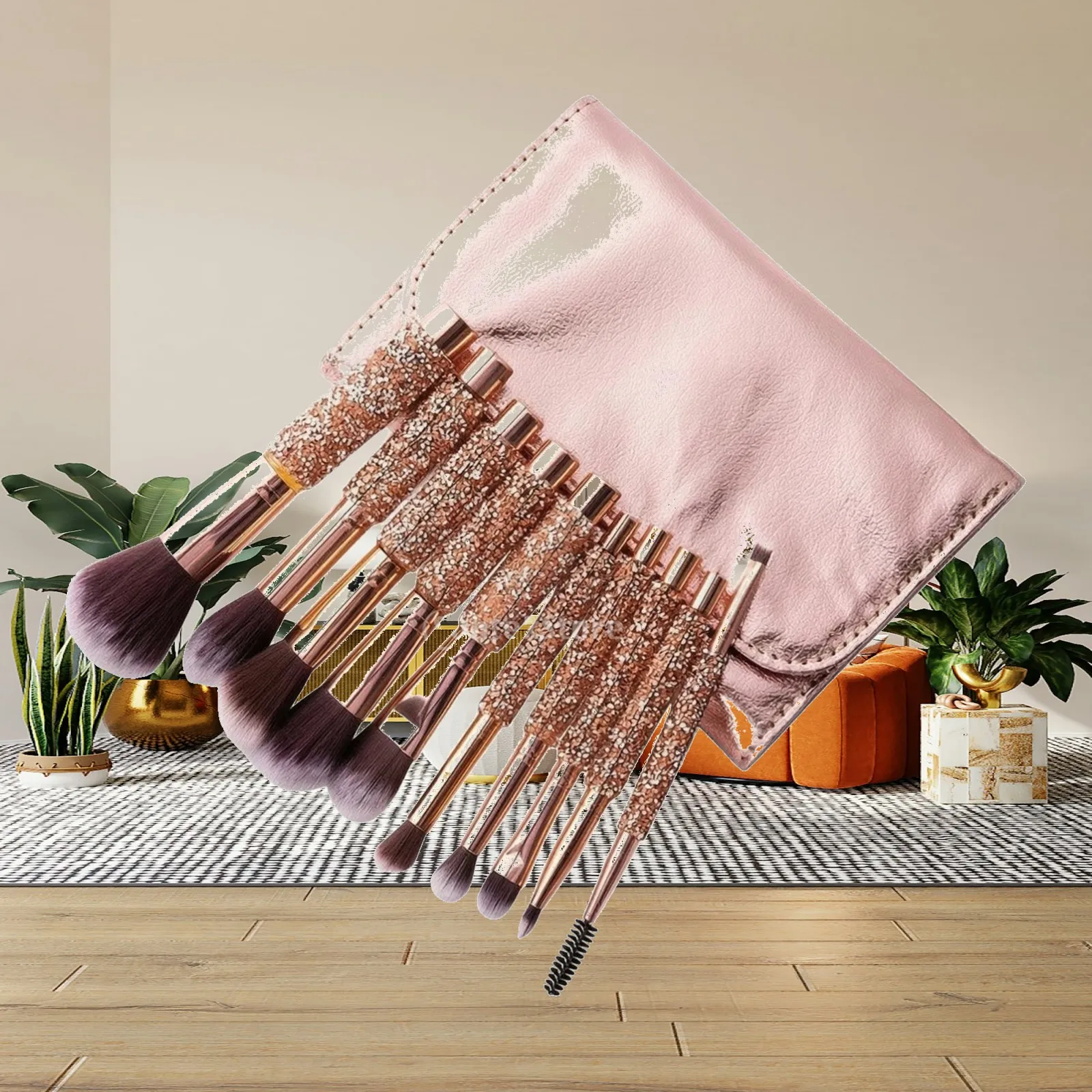 Sparkling Rhinestone Handle Makeup Brush Set with Carrying Case for Professional and Personal Makeup Looks