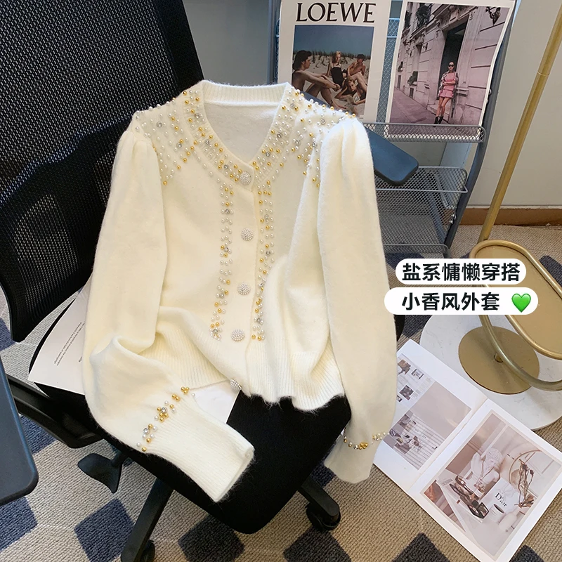 Chic Studded Diamond Sweet Women'S 2024 Autumn Winter New Round Neck Single Breasted Short Sweater Knitted Cardigan Coat 2000s