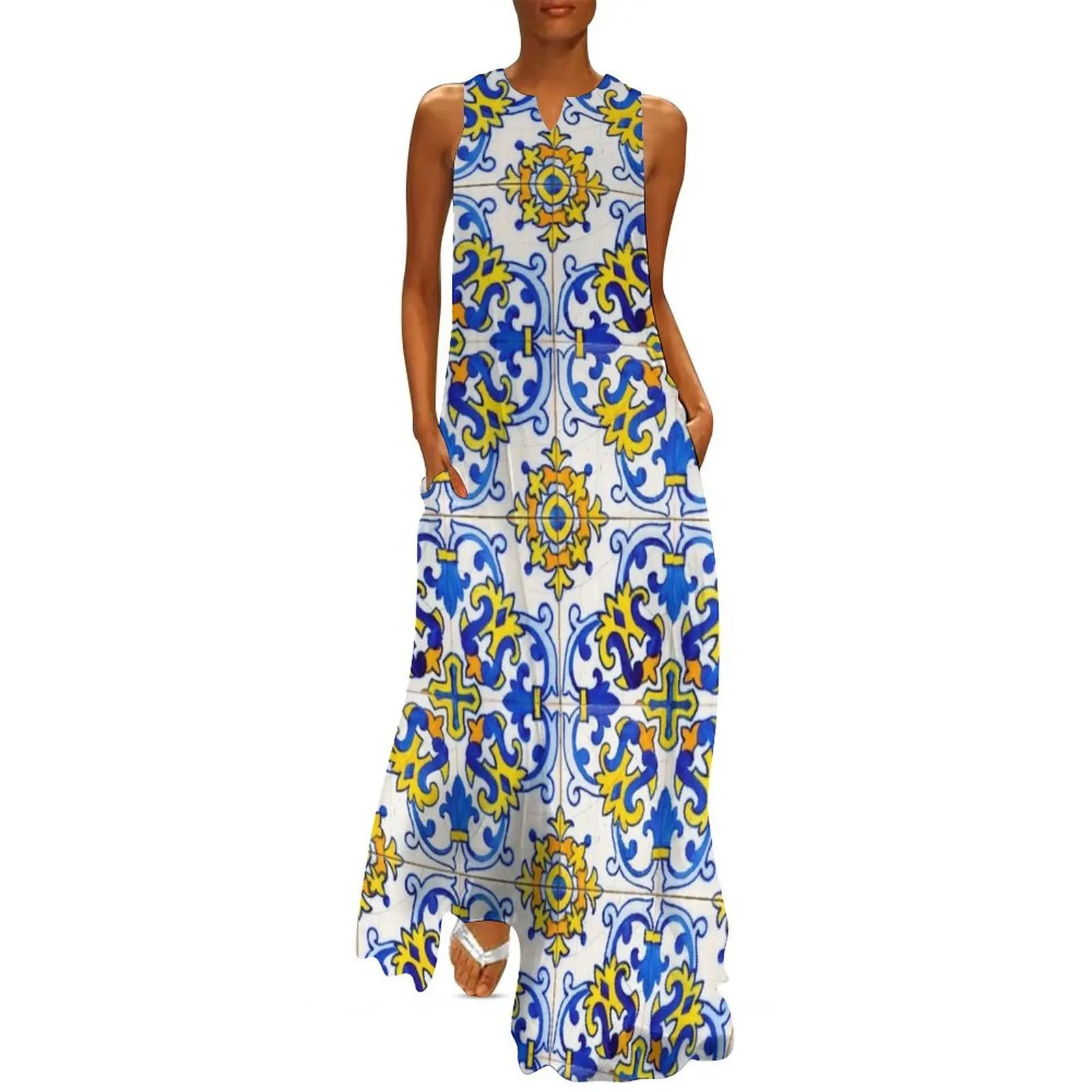 

Vintage Azulejos Tile Long Dress clothes for woman Dress vintage dress party night elegant women"s dresses for wedding