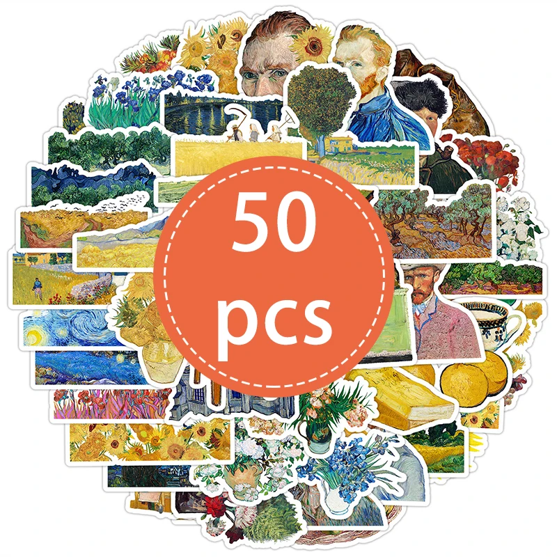 50 قطعة النفط اللوحة فان جوخ الفن الكتابة على الجدران ملصقات DIY بها بنفسك الديكور القرطاسية الدراجة المحمول سيارة مقاوم للماء خمر الشارات الاطفال اللعب