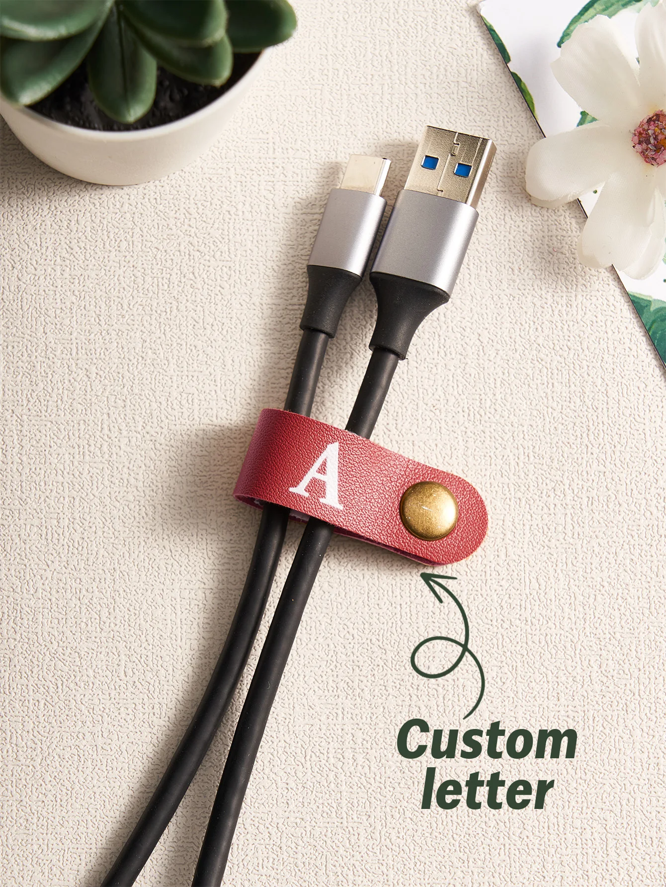 Custom Letter Cable Organizer Leather Cord Holder Personalized Earphone Charger Cable Wrap Clip Desk Organizer Gift For Him Her