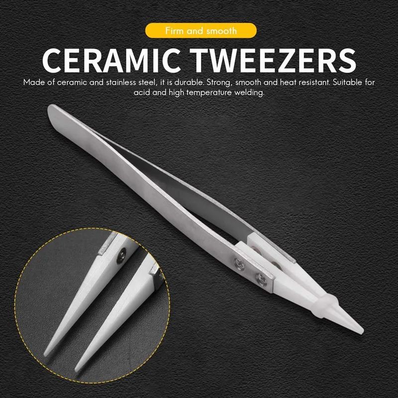 2X Ceramic Tweezers With Stainless Steel Handle Refractory Acid-Resistant Pointed Tweezers