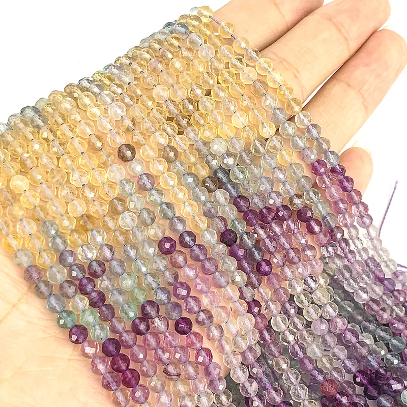 Cuentas redondas sueltas de fluorita de gradiente facetado de partículas pequeñas naturales, fabricación de joyas, pulseras DIY, accesorios de collar, 2 MM, 3 MM, 4MM