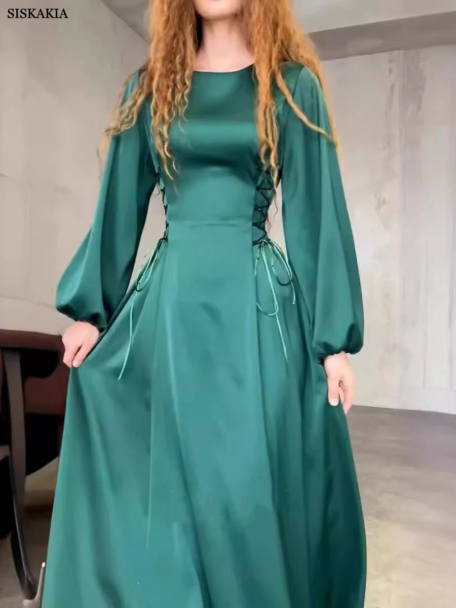 Siskakia Fashion Dubai Solid Plain Women Puff Sleeve  Long Dress Draw String At Waist O Neck Abayas Turkish Saudi Party Clothing