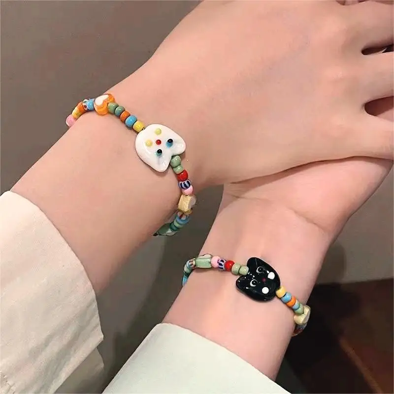 Popular Lucky Little Monster Colorful Beaded Girlfriend Couple Bracelet Niche Designed Cute Black White Cat Lovers Boho Bracelet