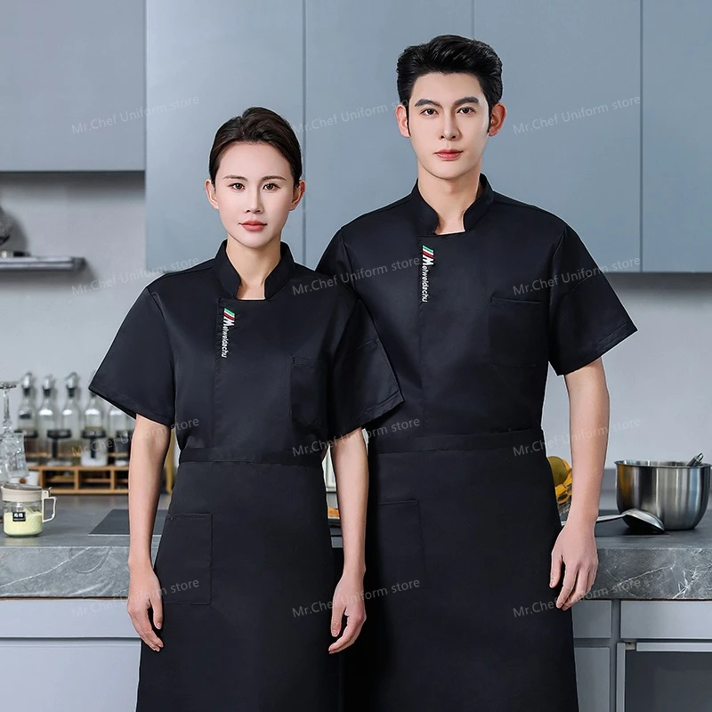 Schwarze Kochjacke Restaurant Kurzarm Kochuniform Kochmantel Koch T-Shirt Bäcker Arbeitsuniform Kellner Hotelkleidung Damen Logo