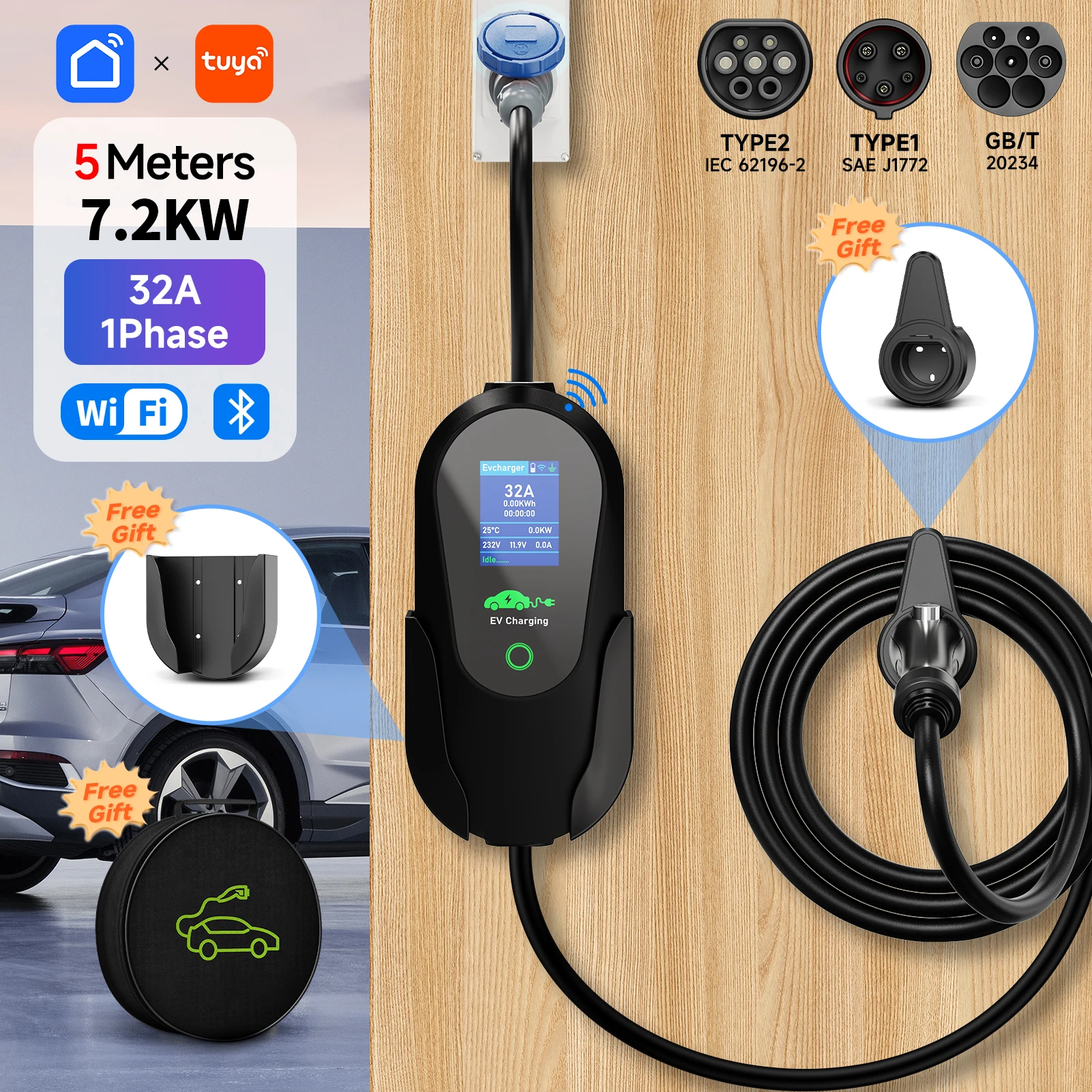 32A 7.2kW 1Phase Portable EVSE Fast EV Charging Cable Type1/Type2/GBT, WiFi Bluetooth APP Control Electric Car Charger
