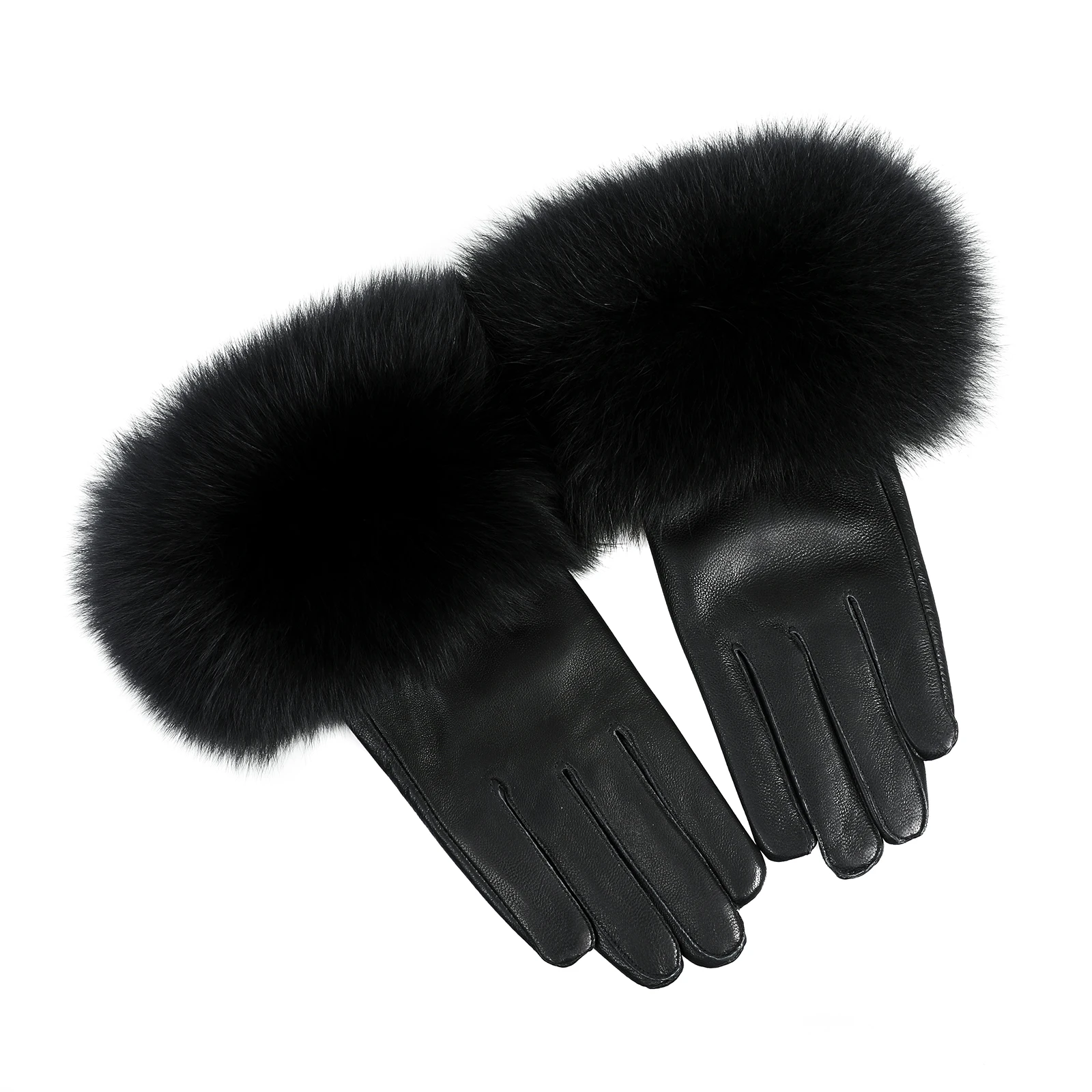 BOONJOVIA Women Genuine Lambskin Leather Gloves With Real Fox Fur Trim Cuff Winter Warm Driving Gloves-Velvet Lined