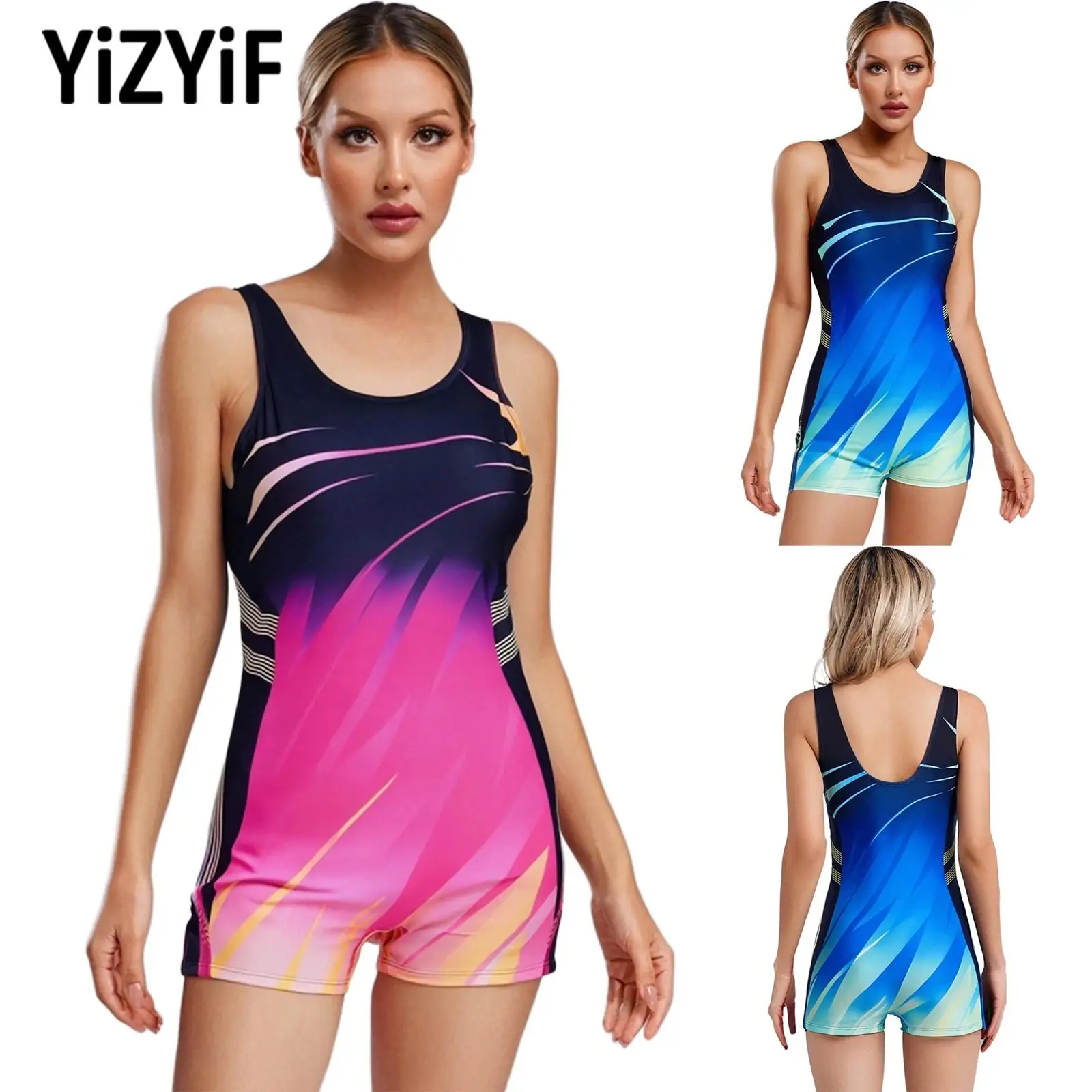

2025 New Womens Contrast Color Athletic Jumpsuit One-Piece Sports Swimsuit Sleeveless Stylish Printed Bodysuit+Removable Chest