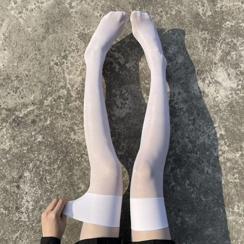 12D Reflective Glitter Ultra Thin Transparent Thigh High Stockings Women Sexy Rib Cut Edge Leg Slim Long Socks Party Clubwear