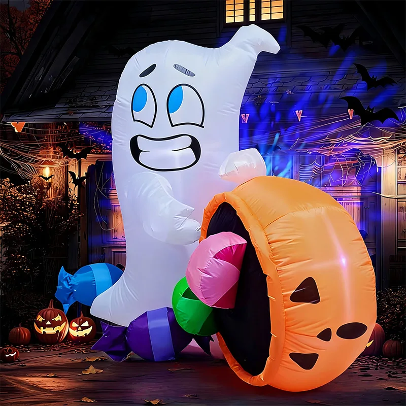 

1.5M Halloween Inflatable Ghost Pumpkin Bucket Air Model Colorful Candy Outdoor Decorations LED Lights Garden Ornaments